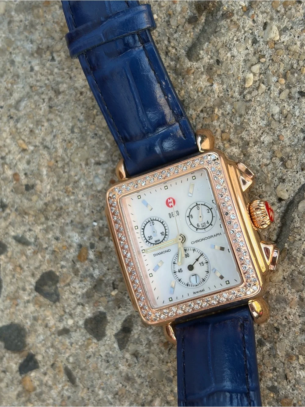 Michele Rose Gold Deco Blue Leather Strap